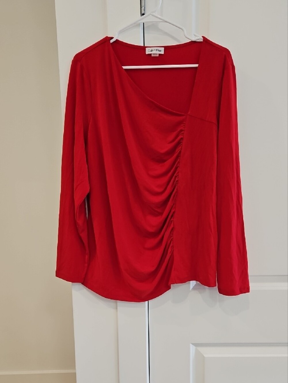 Calvin Klein Red Ruched Long-Sleeve Draped Top